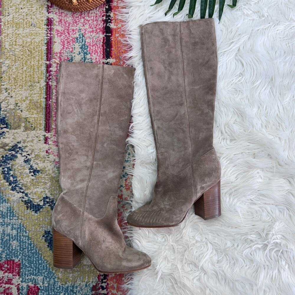 Via Spiga Brown Leather Knee High Heeled Boots 7.5 Neutral Round Toe